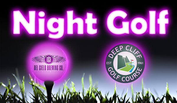 Night Golf Del Cielo Brewing Co. Logo on glowing ball under Night Golf headline